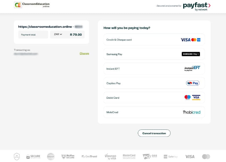Payfast payment options on ClassroomEducation